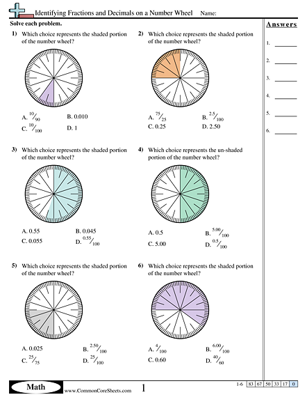Identifying Fractions and Decimals on a Number Wheel Worksheet - Identifying Fractions and Decimals on a Number Wheel worksheet